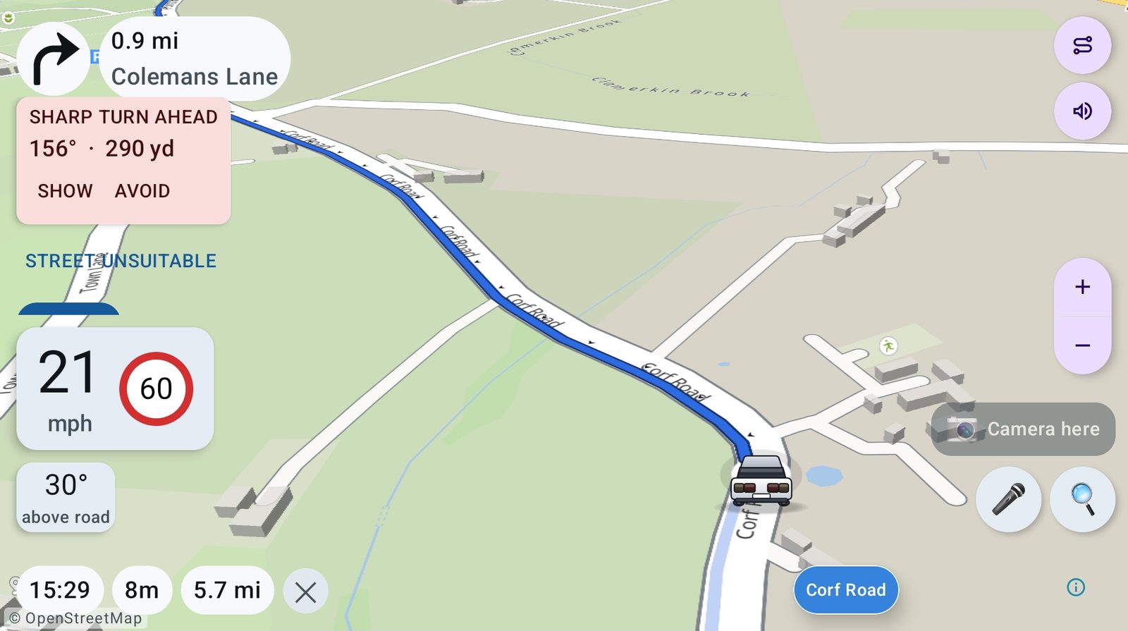 LorryMate navigating Corf Road on the Isle of Wight, warning SHARP TURN AHEAD 156 degrees in 290 yards, with SHOW and AVOID buttons